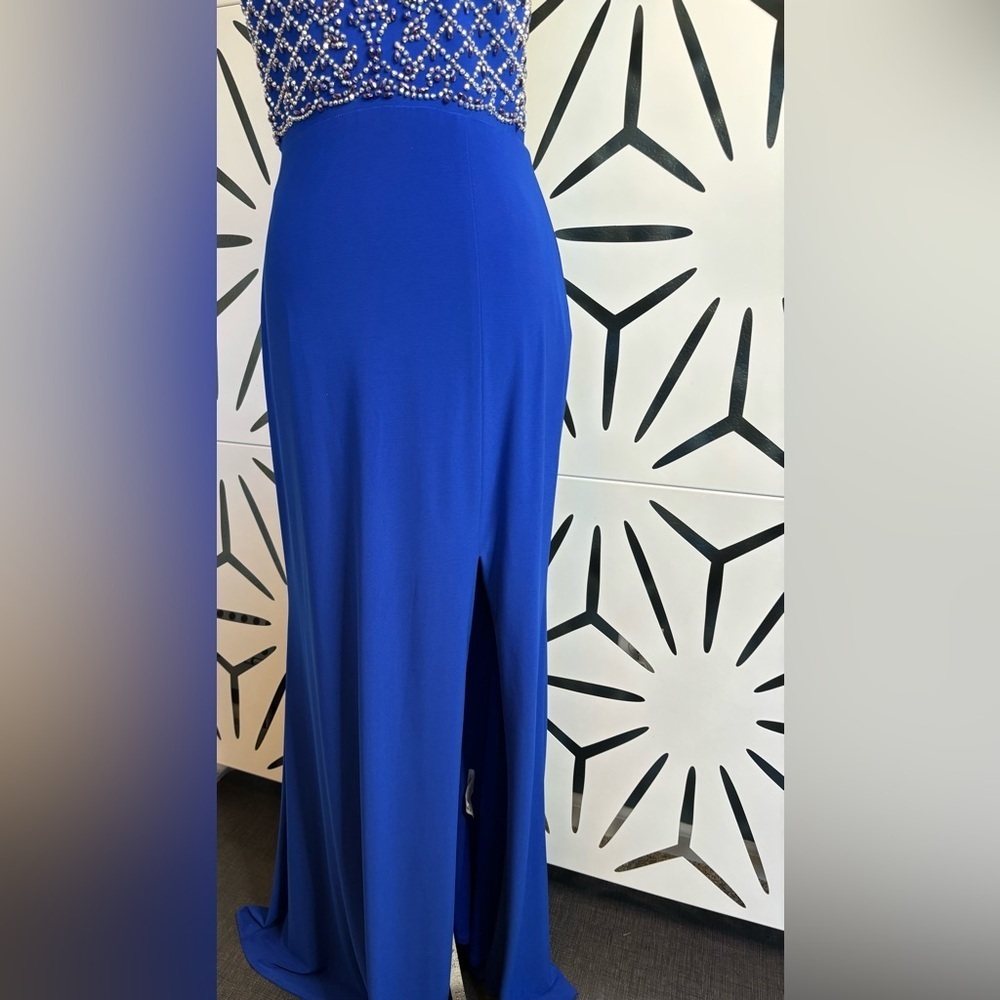 Morgan & Co Royal Blue Beaded Floor Length Gown w/ Side Slit – Sz 5/6 - Picture 5 of 12